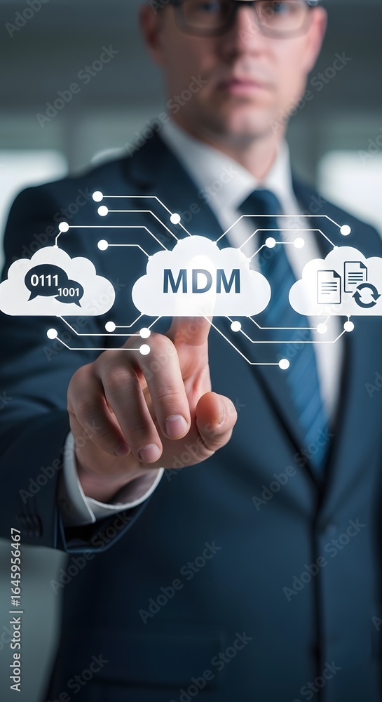 Poster confident businessman interacts with mdm cloud interface highlighting data management and communicat