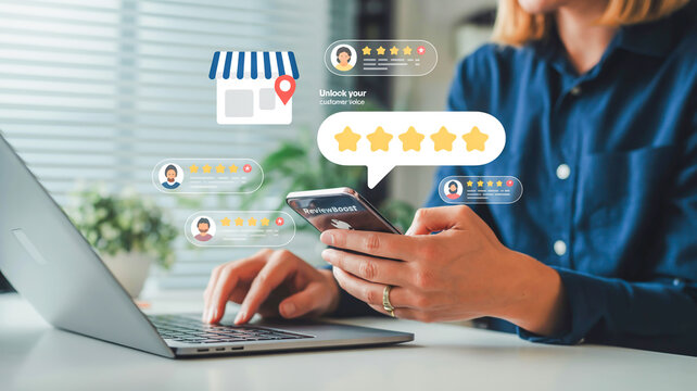 A digital marketing and customer review concept image with a blurred office background featuring venetian blinds.