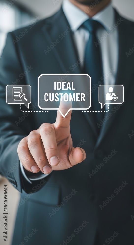 Poster professional businessman targets ideal customer profile with digital interface, focusing on market s