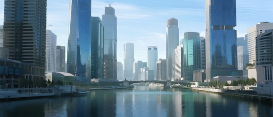 Fototapeta premium A modern urban skyline featuring tall skyscrapers with glass facades reflecting in a calm river under a clear blue sky.
