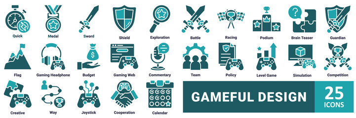 Gameful Design icon set. with icons quick, medal, sword, shield, exploration, battle, racing, podium, brain teaser, guardian, flag, gaming headphone, budget, gaming web, commentary, team management 