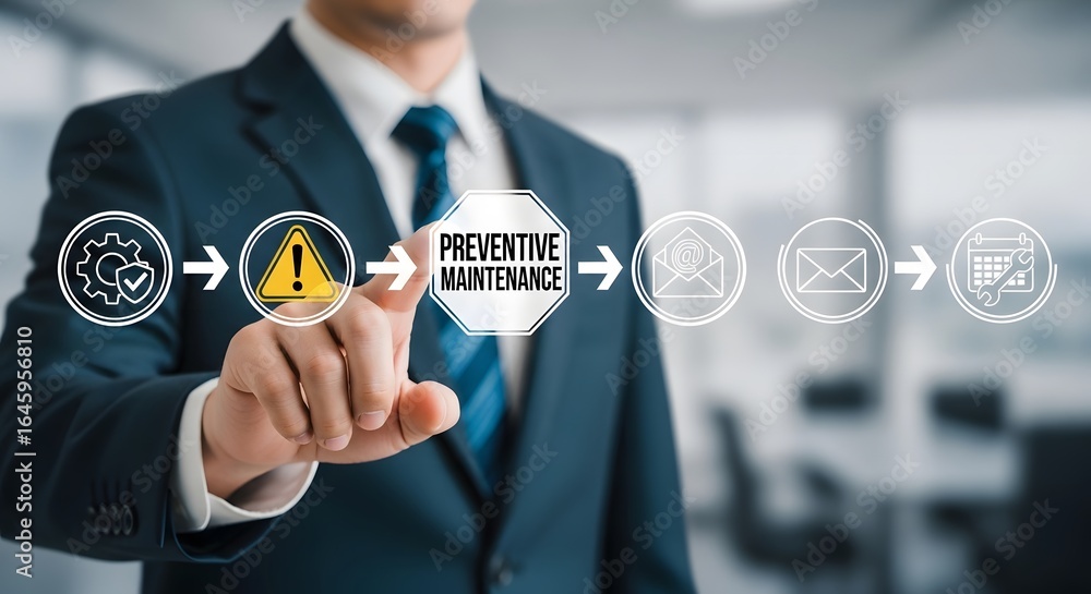 Poster business professional activates preventive maintenance workflow with digital icons for proactive sys