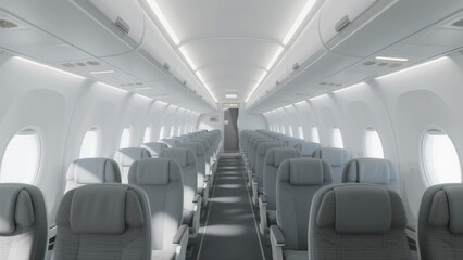 Fototapeta premium An interior view of an empty airplane cabin showing rows of gray seats and windows