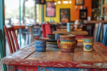 A table with two cups on it