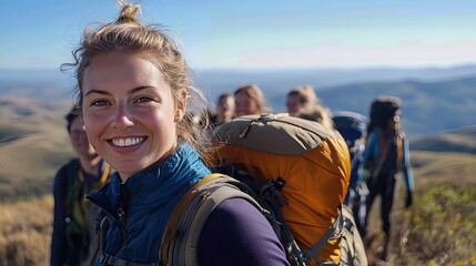 smiling woman leads hiking group on scenic mountain trek. happy Adventurer on Mountaintop Trek with Friends