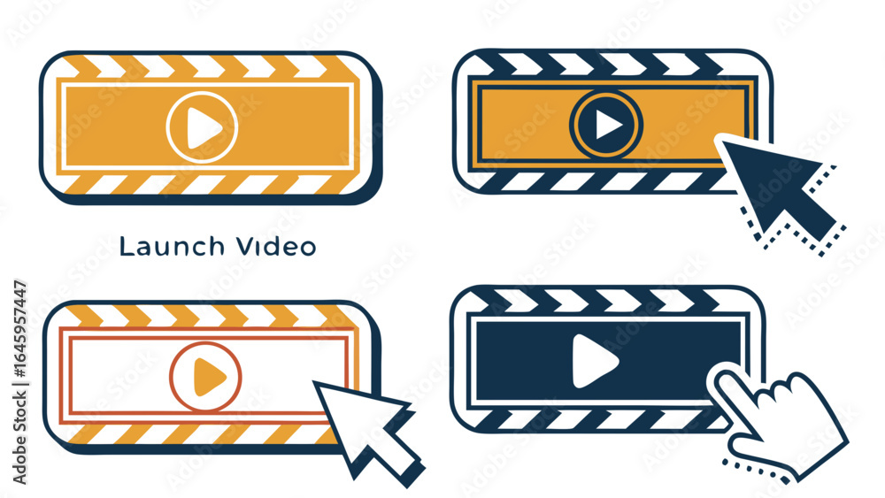 Poster launch video buttons with play icons and clickable cursors for website or application interface desi