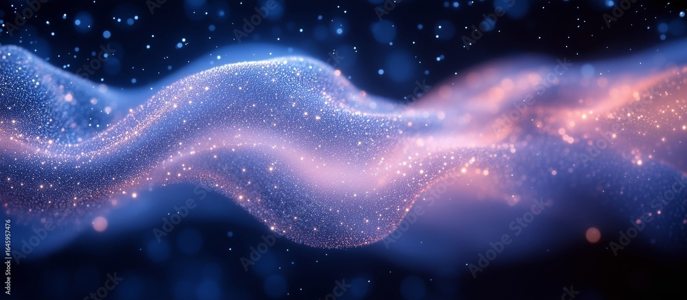 Poster a mesmerizing abstract background featuring flowing waves of vibrant colors and sparkling particles.