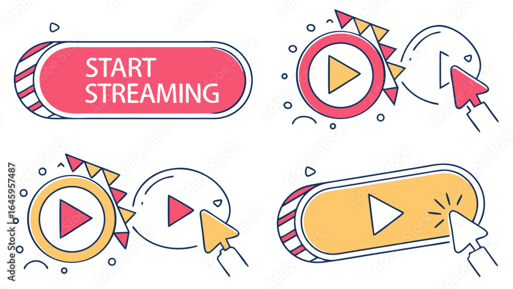 Poster set of play buttons with cursors for streaming and video content vector illustration isolated on whi