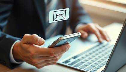 Person using phone and laptop with new email notification image