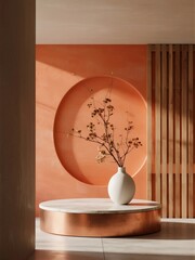 A modern interior space features a circular arch, marble platform, and a white vase with dried branches, blending warm tones and natural light.