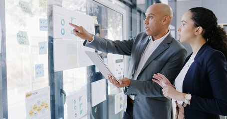 Data analysis, team and people with tablet, office and risk assessment of proposal, graphs and info. Business analyst, chart or plan with sticky notes, glass and collaboration with tech in meeting