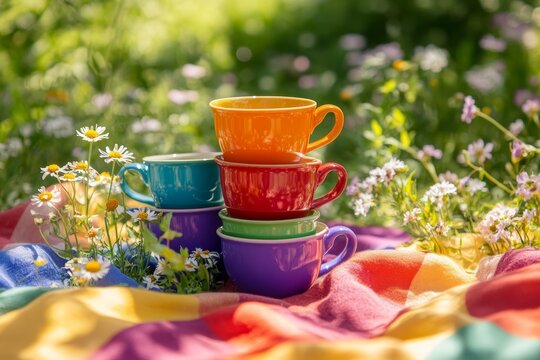 Vibrant stack of colorful mugs on rainbow picnic blanket in garden setting
