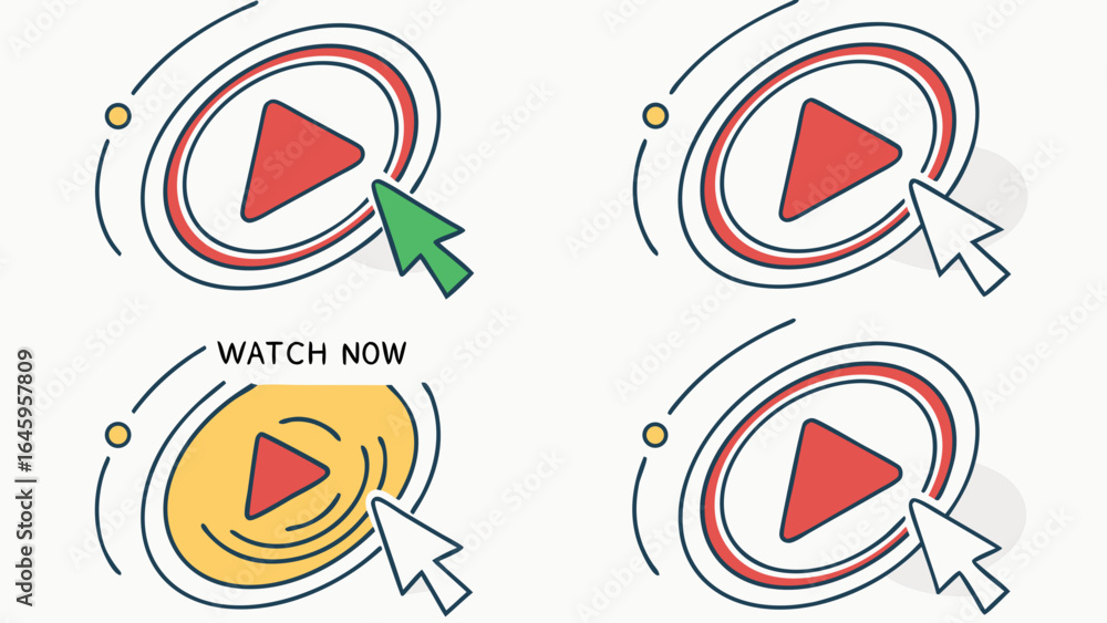 Poster play button icons with mouse cursors modern flat design style for video player and online streaming 