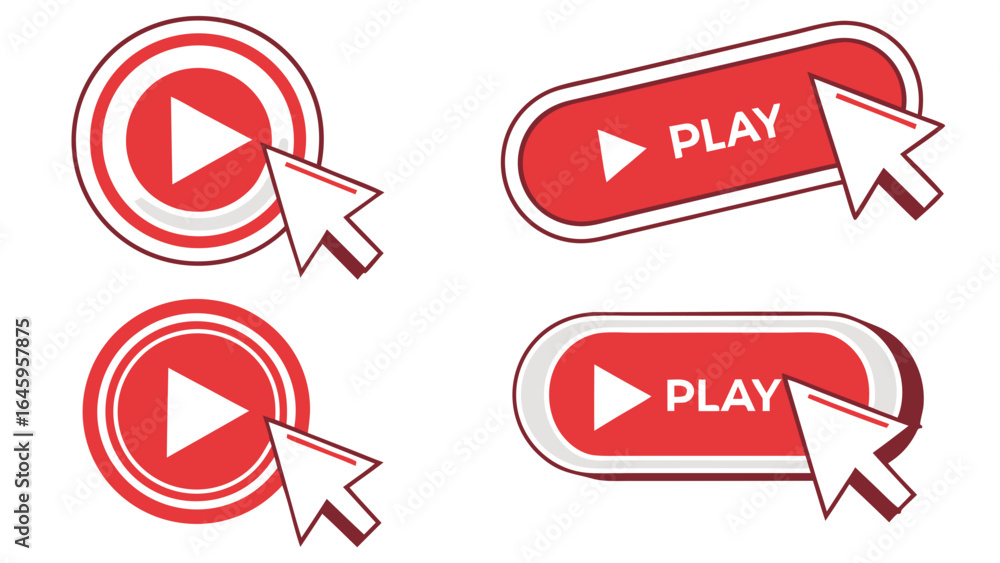 Poster red play button set with mouse cursor vector illustration for website and social media isolated on w