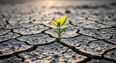 A small plant sprouts through cracked earth, symbolizing resilience in a dry environment.
