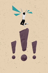 Vertical 3d poster art banner collage of anonym businesswoman jump exclamation mark warning symbol...