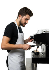 Barista crafting espresso trendy modern coffee shop beverage creation indoor setting perspective on artisanal coffee techniques. Cut out png