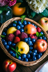 Top view photo of a basket of fruits on a wooden table