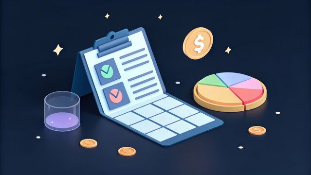 Financial analytics and data visualization with charts, coins, and a clipboard, representing business growth and investment strategy