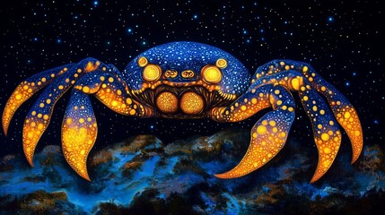 A vibrant, glowing crab with intricate patterns and bright colors against a dark ocean backdrop. Perfect for themes of marine life, nature, and fantasy in advertising.