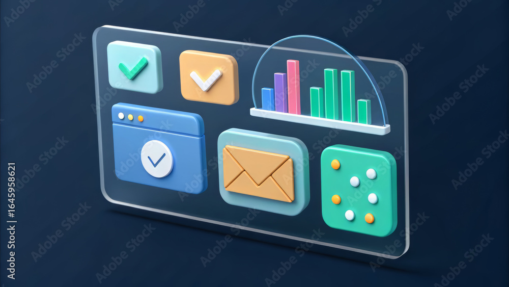 Poster modern digital interface showcasing various business and finance icons, including charts, graphs, em