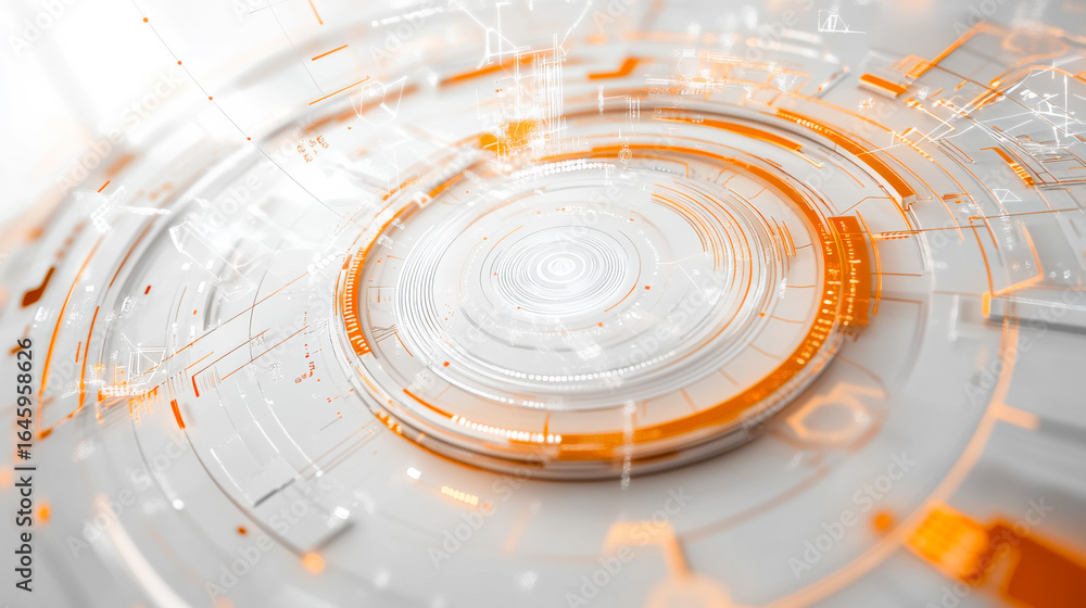 Poster digital abstract design featuring orange and white circular patterns and geometric shapes in a moder