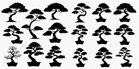 Naklejka premium A graphic collection of various black bonsai tree silhouettes, some in pots, illustrating different traditional Japanese styles.