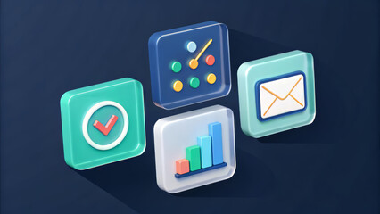 A collection of four modern, stylized app icons representing various functions like task management, analytics, email, and strategy, presented on a dark background