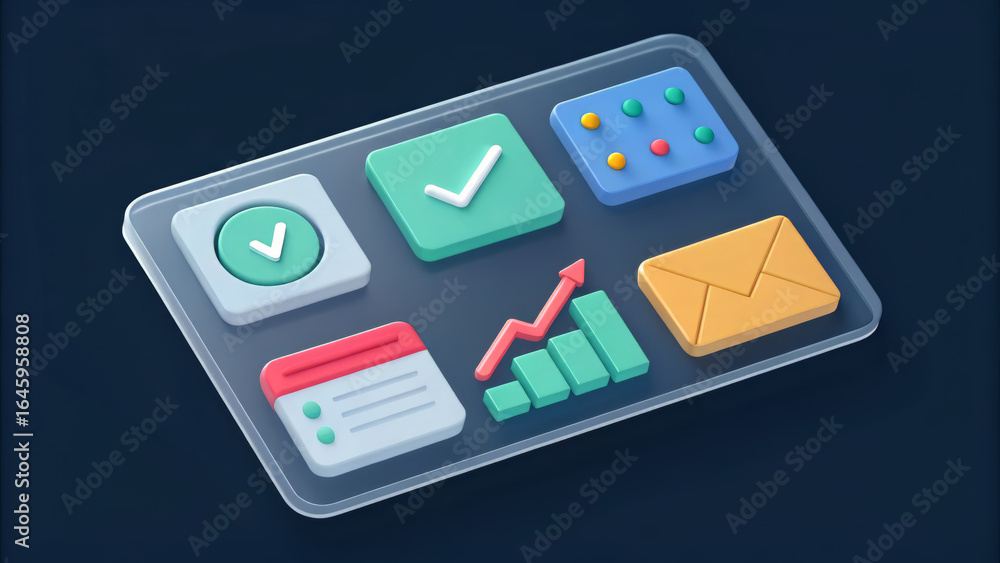 Poster a comprehensive set of six modern app icons arranged on a transparent tray, showcasing diverse funct