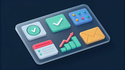 A comprehensive set of six modern app icons arranged on a transparent tray, showcasing diverse functionalities including tasks, analytics, and communication
