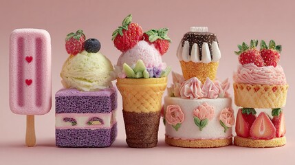 Delicious dessert treats cupcakes ice cream and cake pink background sweets