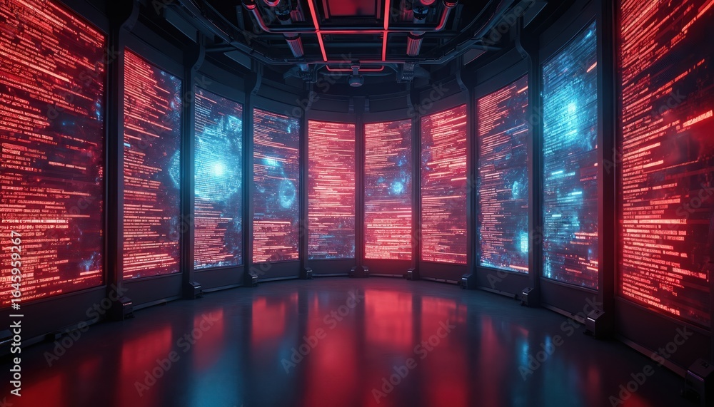 Poster futuristic data center room with wall-sized screens displaying scrolling red, blue code. environment