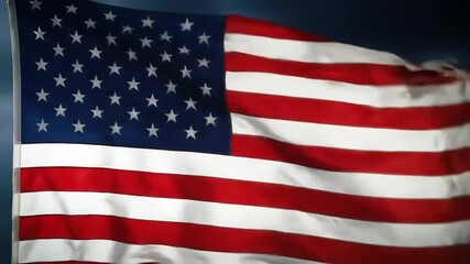 An impressive video of the American flag waving majestically in the wind against a dramatic, stormy and dark cloudy sky.