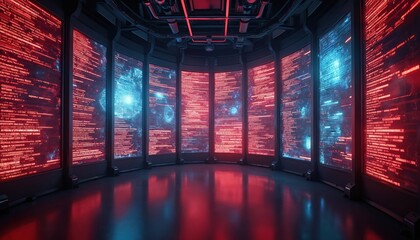Futuristic data center room with wall-sized screens displaying scrolling red, blue code. Environment reflects high-tech, advanced technology hub. Digital space represents complex information systems,
