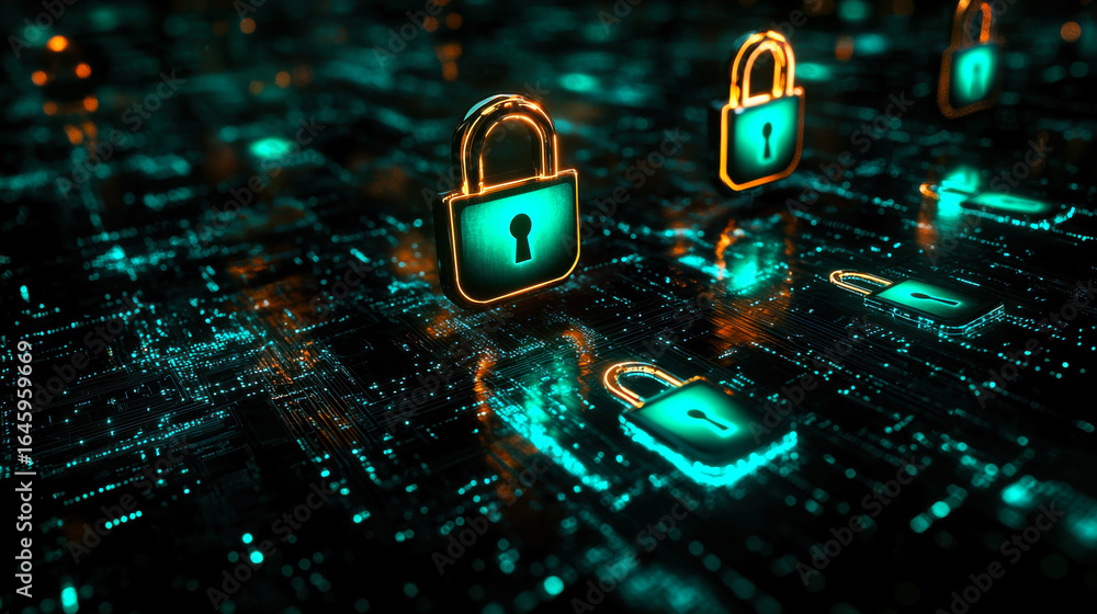 Poster secure digital lock symbol glowing on a microchip background filled with neon lights and circuits