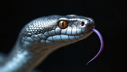 Obraz premium Metallic silver snake head raises, forked tongue flickers. Detailed scales, amber eye with black pupil. Dark moody background enhances reptile intense presence. Close-up texture detail.