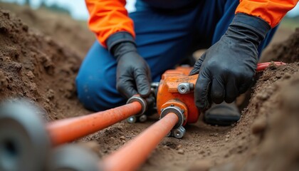 Worker in orange jacket, blue pants wears black gloves, connecting orange gas line in underground trench. Precise plumbing installation, essential infrastructure maintenance, uses tools for pipeline