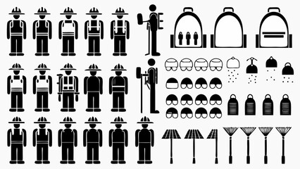 Illustrations of firefighters, backpacks, helmets, lamps, and rakes in black and white vector format silhouette