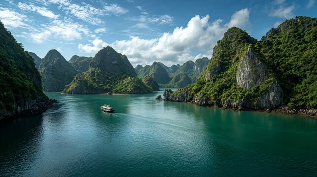 Boat sails through karst landscape, Vietnam, with islands and blue sky, for travel blogs