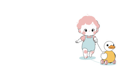Adorable baby joyfully walks with duck toy, creating cheerful childhood memories and fun