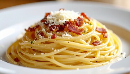 A plate of creamy spaghetti carbonara, topped with crispy bacon and parmesan cheese.