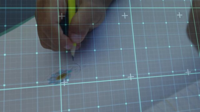 Mechanical pencil entering frame touching paper hand drawing arc over colored mark for sketching