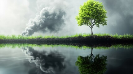 Tree Reflection in Calm Water with Smoke and Stormy Sky Background