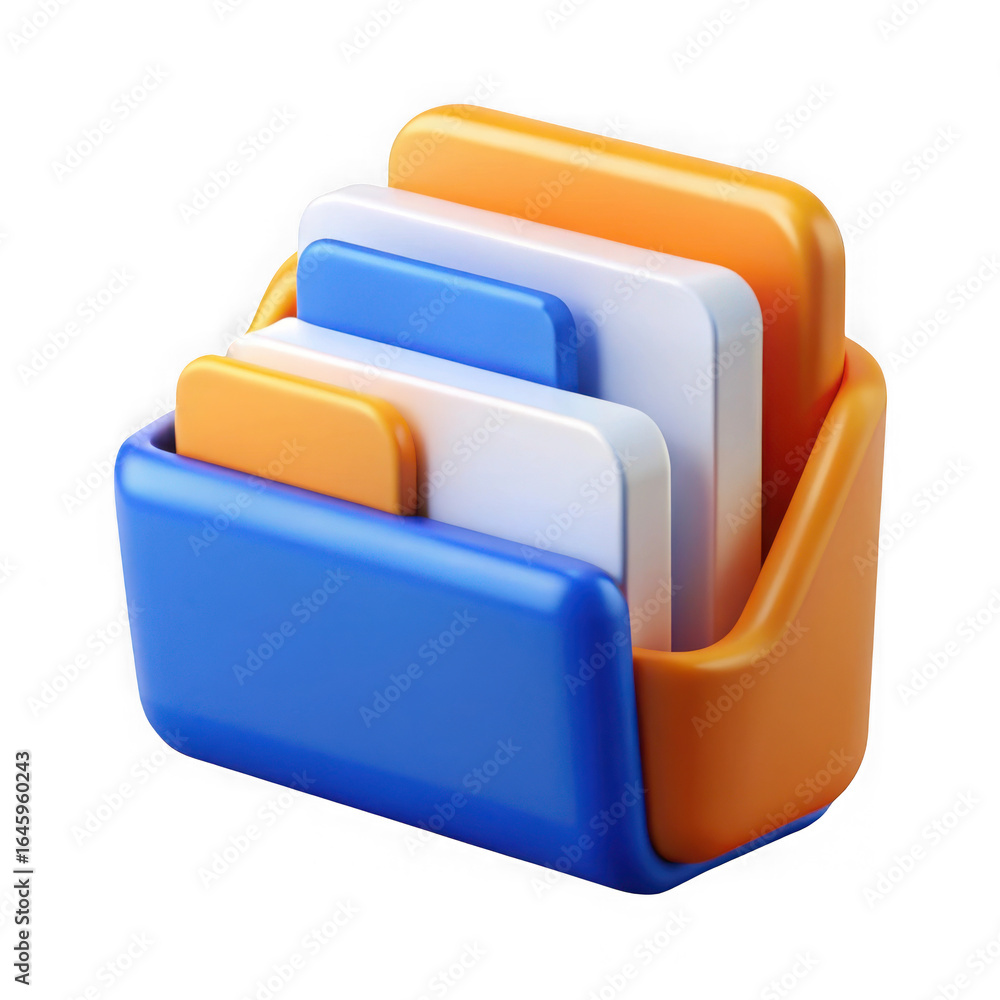 Poster 3d rendered stack of colorful rectangular cards in orange holder isolated on black background isolat