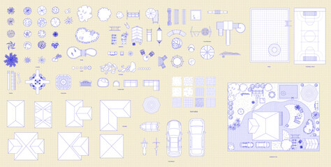 Garden top view. Vector illustration of isolated garden items and fishing rod on white background. Furniture, lighting, equipment, plants, stones, ponds, playground and other © marinadreams