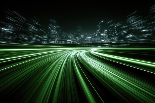 Night city road with streaks of light.  Fast-moving vehicles create green light trails on a dark highway, leading to a cityscape.  Blurred motion effect