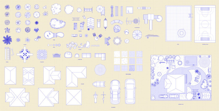 Garden top view. Vector illustration of isolated garden items and fishing rod on white background. Furniture, lighting, equipment, plants, stones, ponds, playground and other