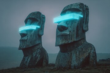Futuristic Moai Statues with Glowing Eyes on Misty Easter Island