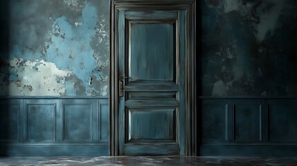 A weathered teal door stands in a peeling paint textured room