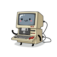 An adorable vintage computer character with a smiling kawaii face, waving hello with a floppy disk in its drive.